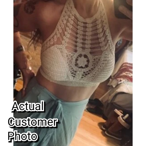 *1 LEFT Beach Coverup Halter Style Macrame Style Top Tan/Apricot Color One Suze - Picture 8 of 8